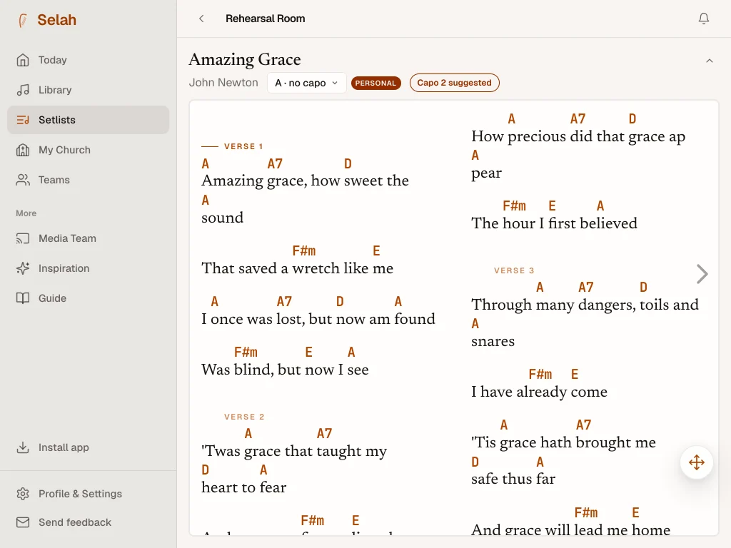 Selah on an iPad: “Amazing Grace” in Rehearsal, in two columns, with chords over the lyrics.