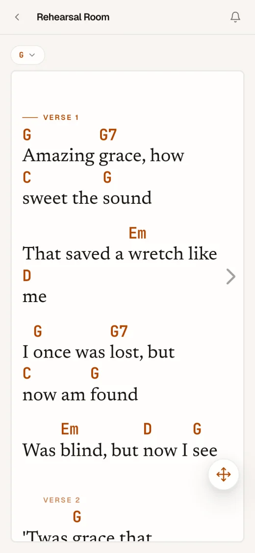 Selah on an iPhone: “Amazing Grace” in Rehearsal, with chords over the lyrics.