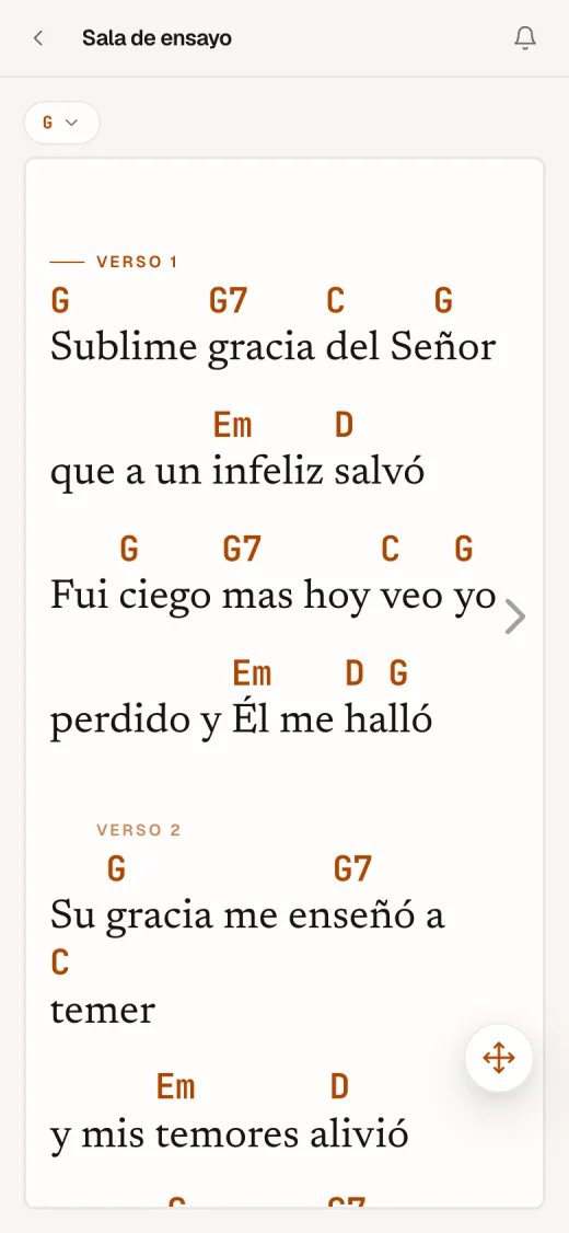 Selah en un iPhone: «Sublime gracia» en Ensayo, con los acordes sobre la letra.