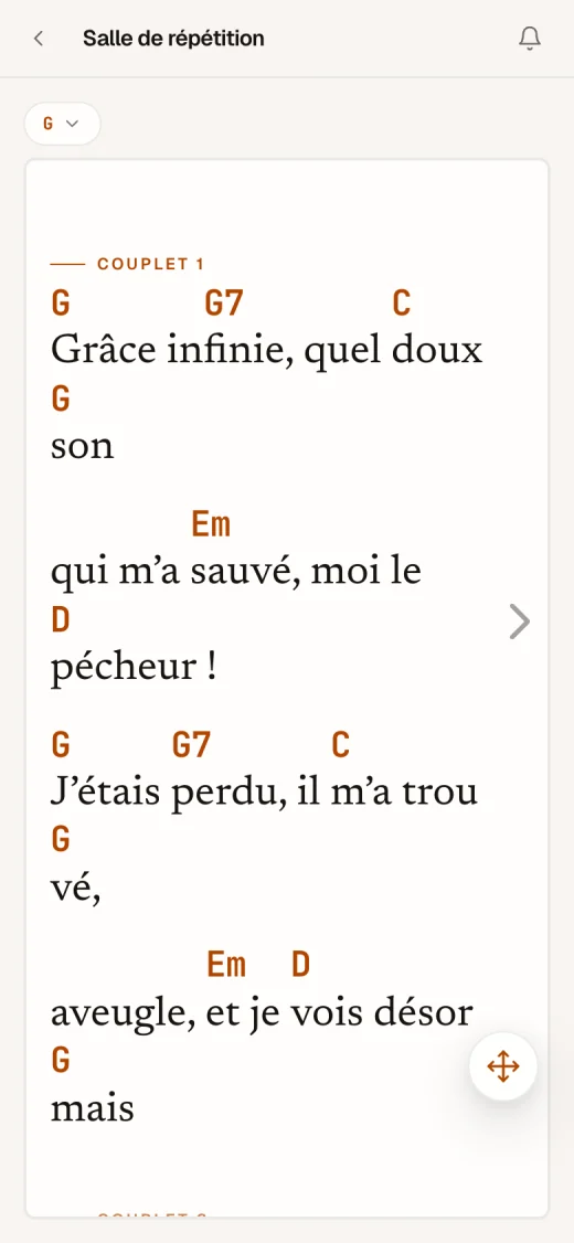 Selah sur un iPhone : « Grâce infinie » en Répétition, avec les accords au-dessus des paroles.