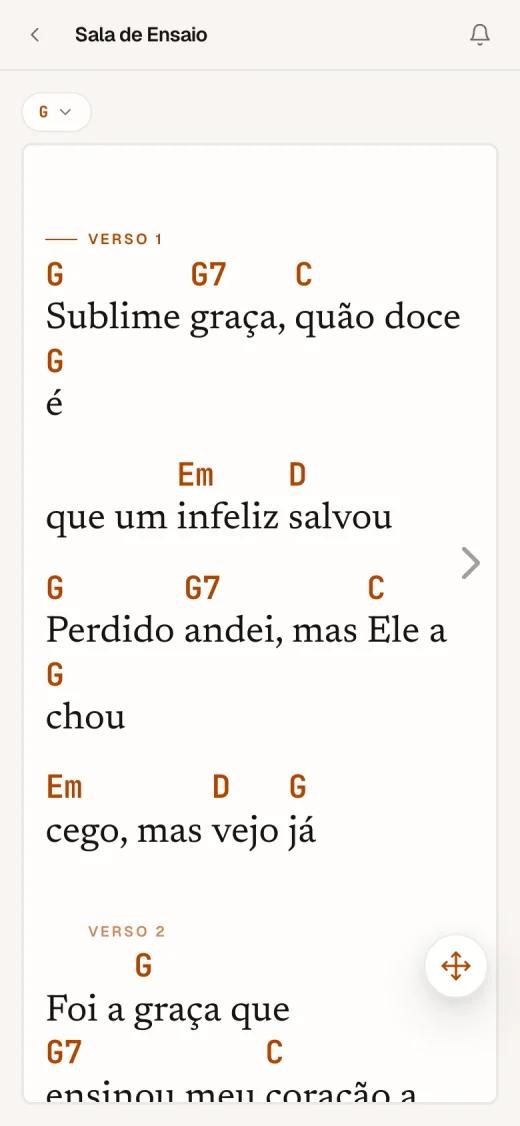 Selah em um iPhone: «Sublime graça» no Ensaio, com as cifras sobre a letra.