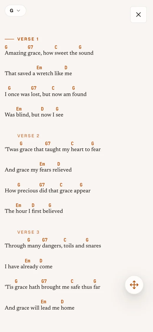 Selah on an iPhone: “Amazing Grace” in Live mode, with large chords.