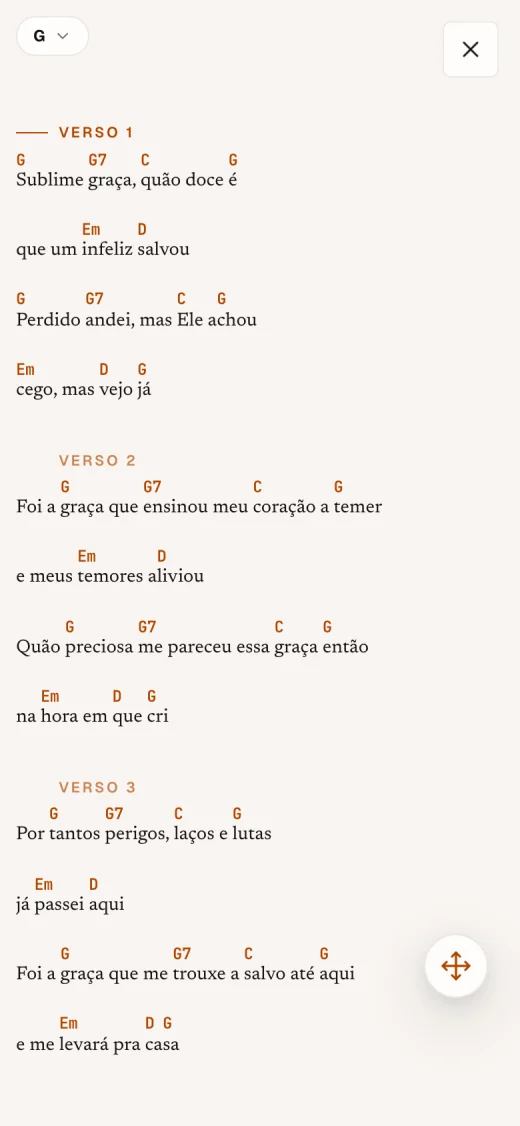Selah em um iPhone: «Sublime graça» no modo Ao vivo, com cifras grandes.