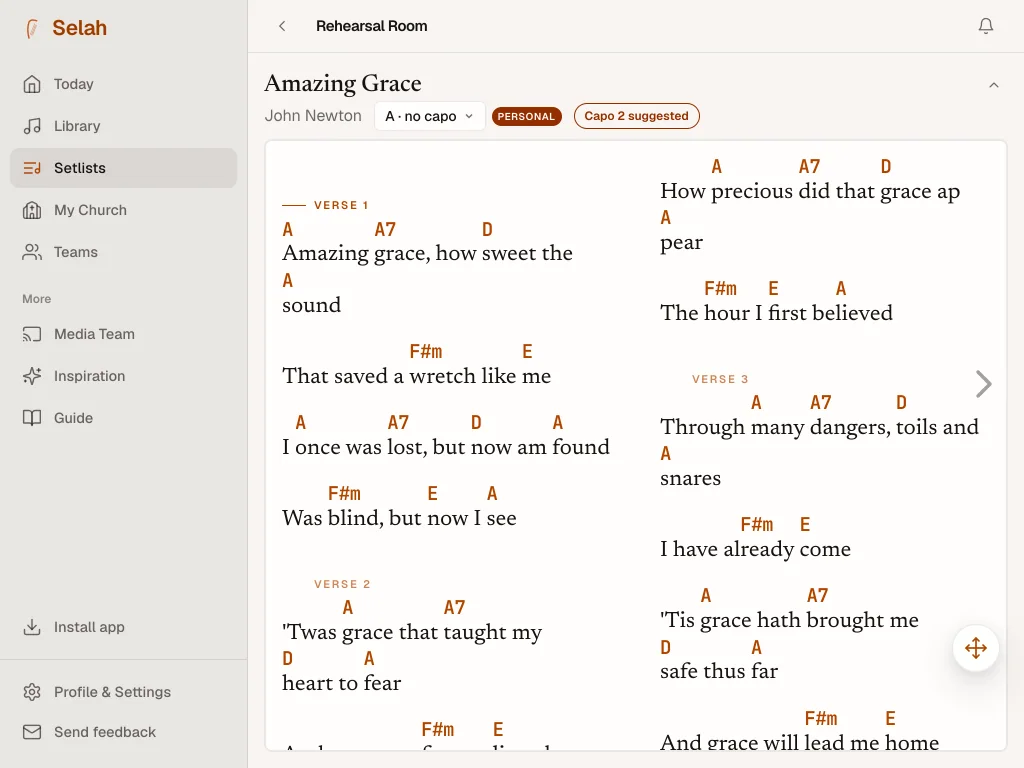 Selah on an iPad: “Amazing Grace” in Rehearsal, in two columns, with chords over the lyrics.