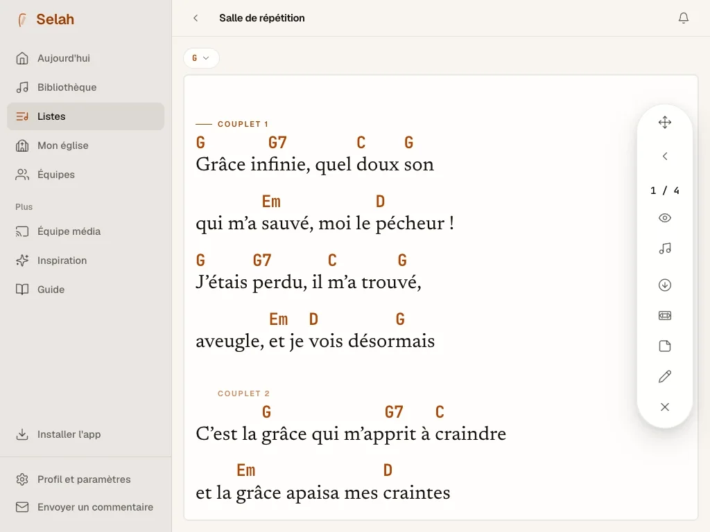 Selah sur une iPad : le chant change de tonalité et passe d’une à deux colonnes.