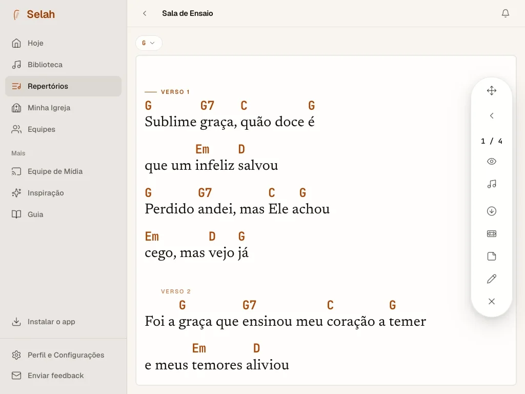 Selah em um iPad: a música muda de tom e passa de uma para duas colunas.