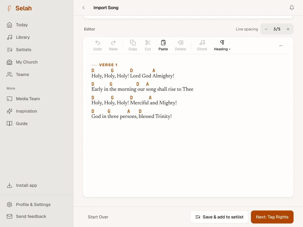 The Selah editor with an imported song: chords over the lyrics and the detected key.