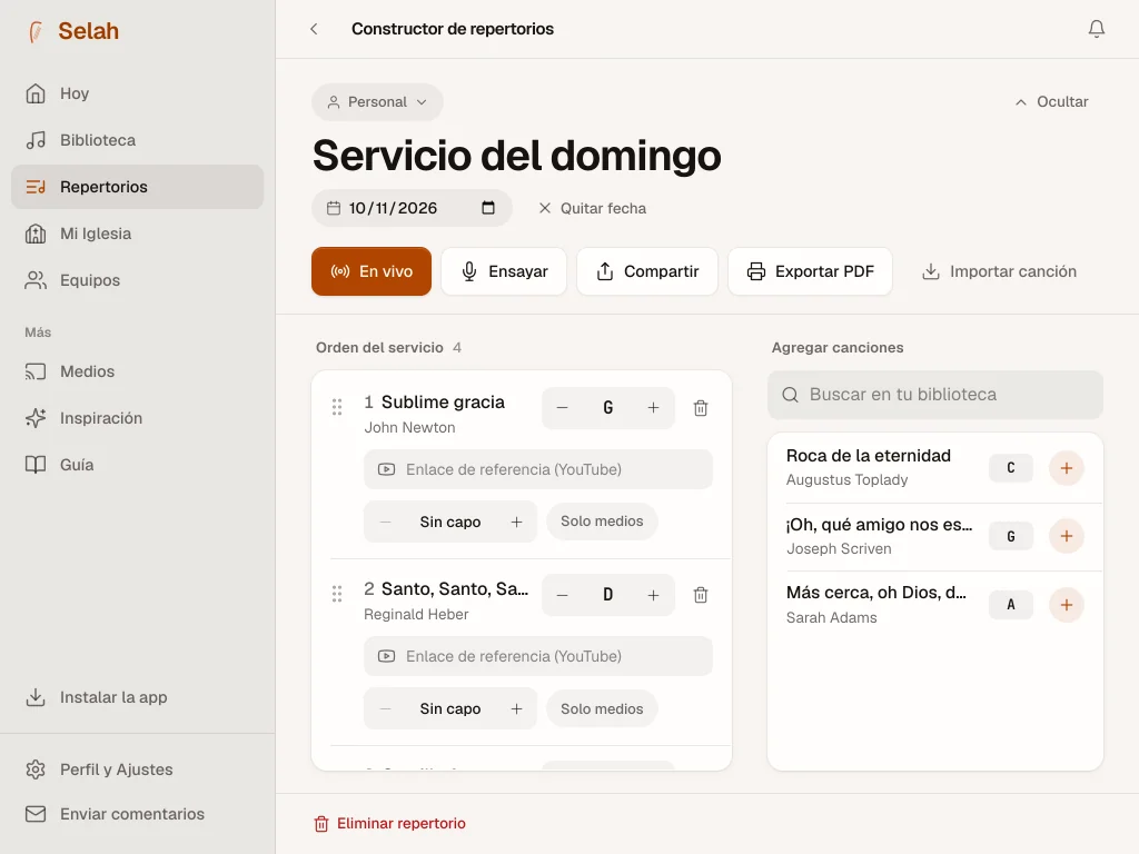 El repertorio del domingo en Selah, con el tono de cada canción.