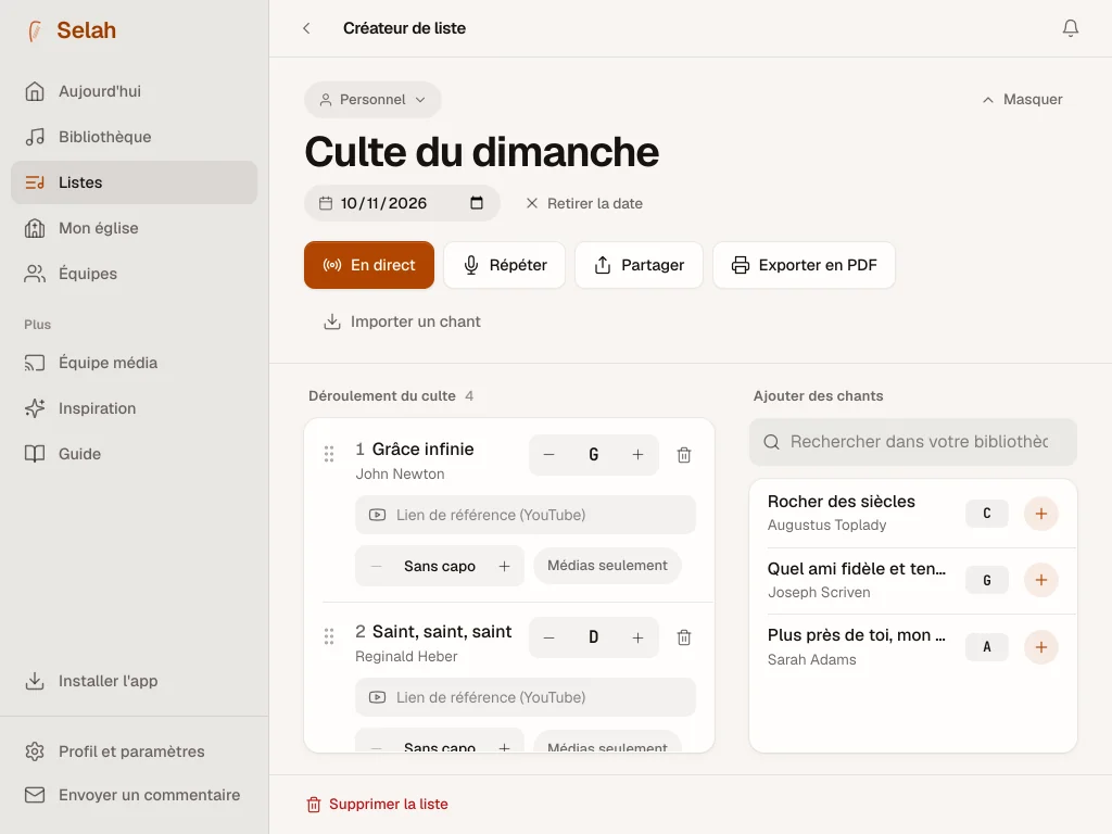 Le répertoire du dimanche dans Selah, avec la tonalité de chaque chant.