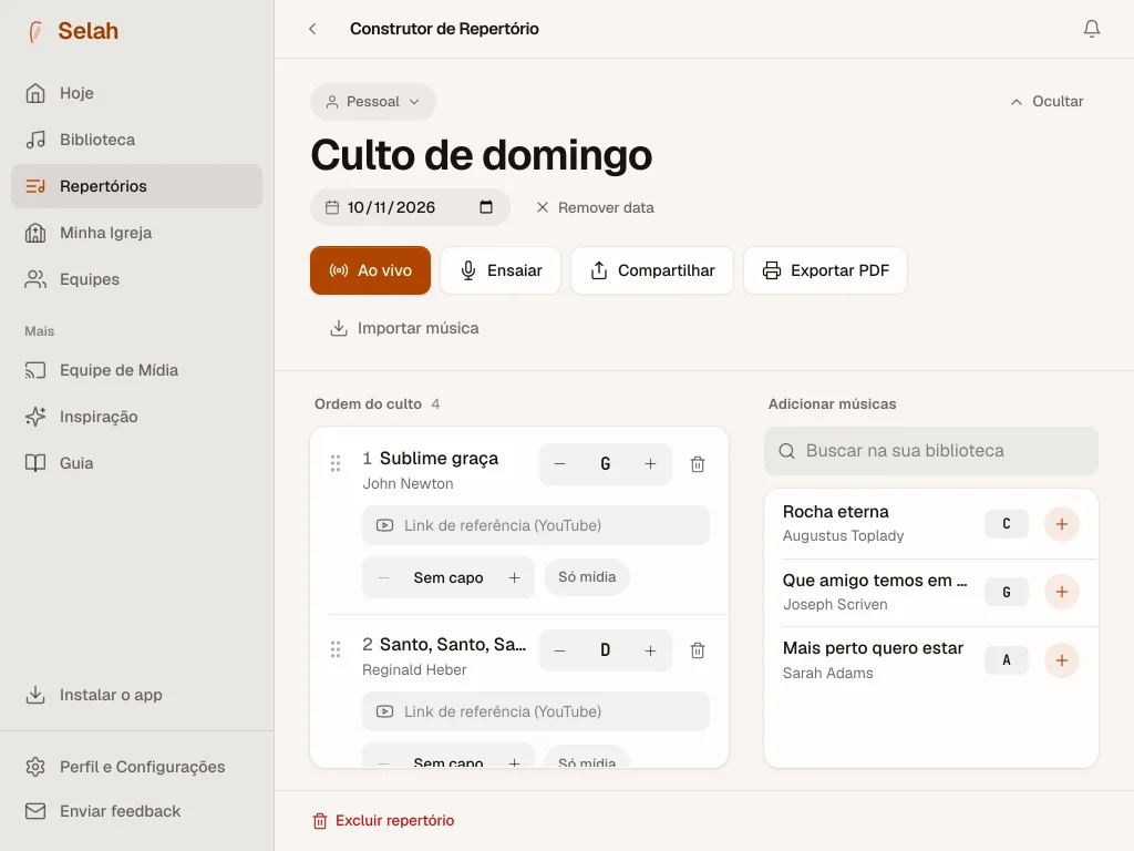 O repertório do domingo no Selah, com o tom de cada música.